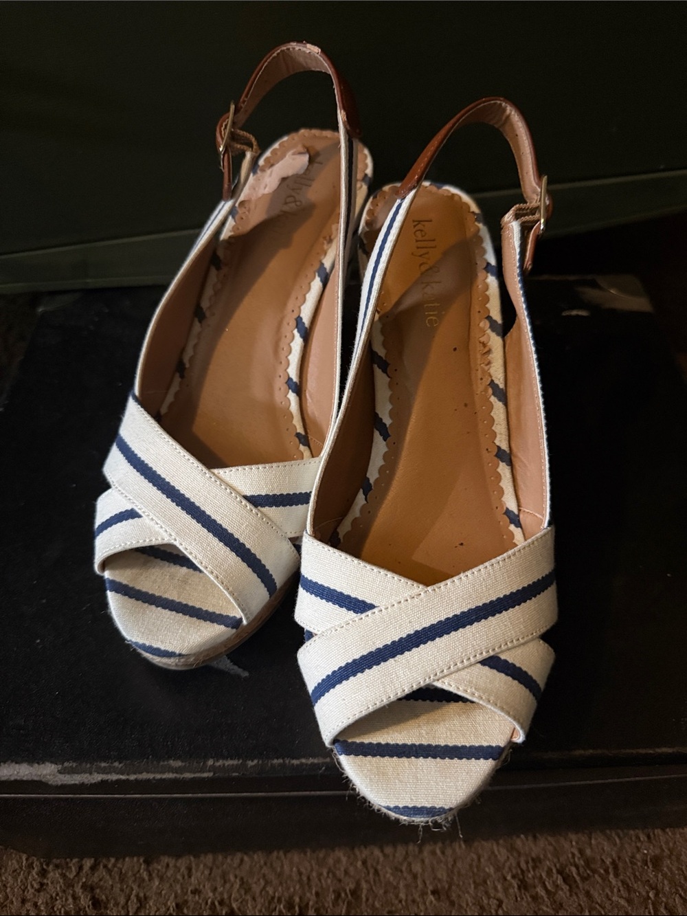 Kelly & Katie White and Navy Striped Canvas Slingback Sandals